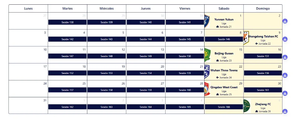 Calendario mensual de planificación de temporada de fútbol en Alonbalon, con las sesiones de cada semana y los partidos de liga del fin de semana