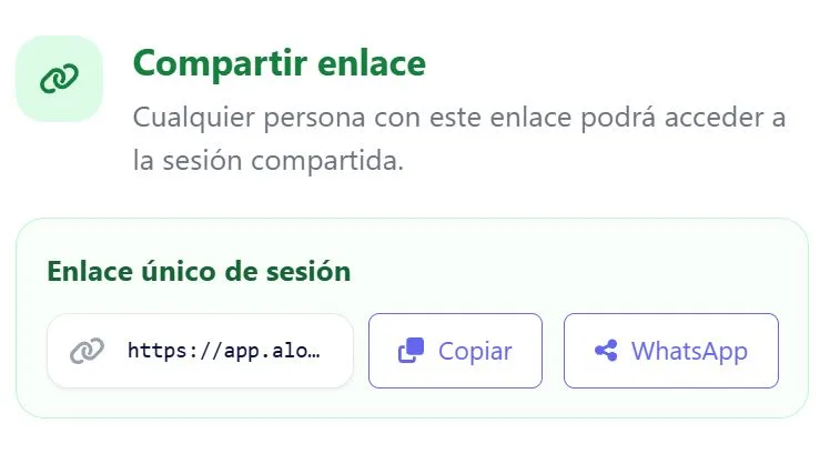 Panel de compartir de Alonbalon con el enlace único de una sesión de entrenamiento de fútbol y los botones de copiar y enviar por WhatsApp