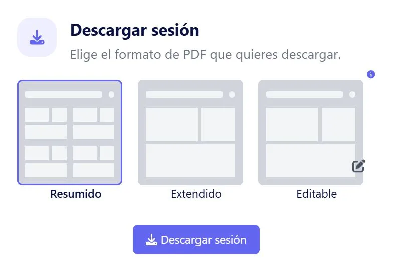 Selector de descarga de una sesión de entrenamiento de fútbol en Alonbalon, con los tres formatos de PDF: resumido, extendido y editable